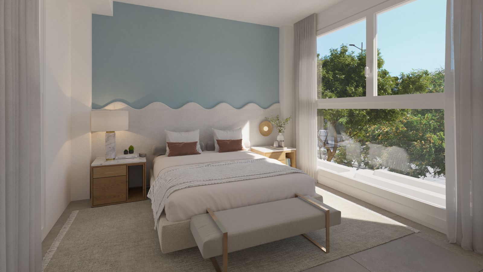 Interior de dormitorio con cama y ventana en Anna de Estepona